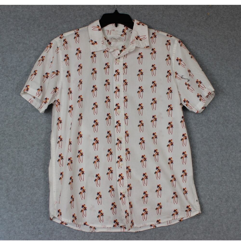 Cotton & Co Mens SS Button up palm tree shirt lightweight summer beach Medium